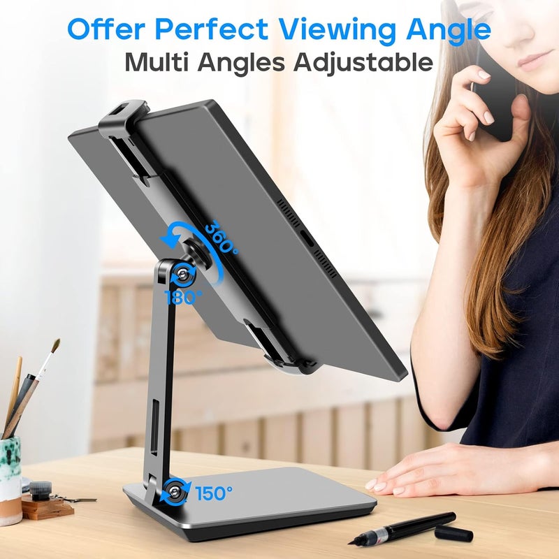 ROADOM Tablet Stand, Adjustable 360° Swivel Bracket, 180° Tiltable Clamp,Foldable Tablet Holder for 4.7-17.3'' iPhone/iPad/Tablet/Portable Monitor, Aluminum Alloy, Black - Image 4